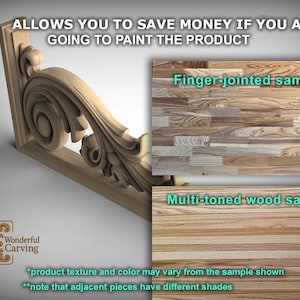 The image is a promotional advertisement for a product, featuring a wooden bracket and a sample of the product. The bracket has an ornate design, and the sample showcases the product's texture and color variations. The ad emphasizes that the product texture and color may vary from the sample shown, and that adjacent pieces have different shades.
