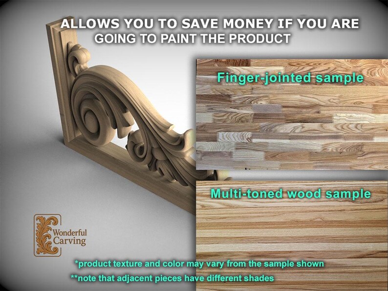 The image is a promotional advertisement for a product, featuring a wooden bracket and a sample of the product. The bracket has an ornate design, and the sample showcases the product's texture and color variations. The ad emphasizes that the product texture and color may vary from the sample shown, and that adjacent pieces have different shades.