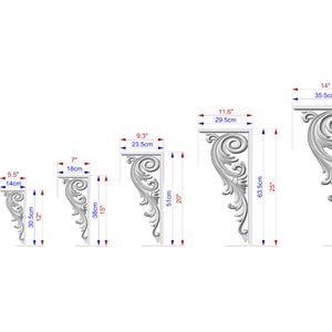 a series of ornate, decorative moldings or carvings, each with its own unique design and size. The moldings are arranged in a row, providing a visual representation of the different sizes and styles. The image does not contain any text, and the descriptions provided are concise and focused on the visual elements without any redundancy or vague wording.