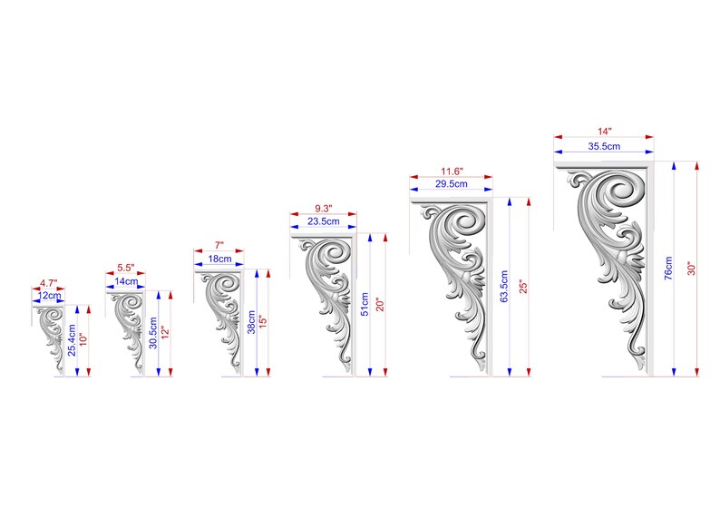 a series of ornate, decorative moldings or carvings, each with its own unique design and size. The moldings are arranged in a row, providing a visual representation of the different sizes and styles. The image does not contain any text, and the descriptions provided are concise and focused on the visual elements without any redundancy or vague wording.