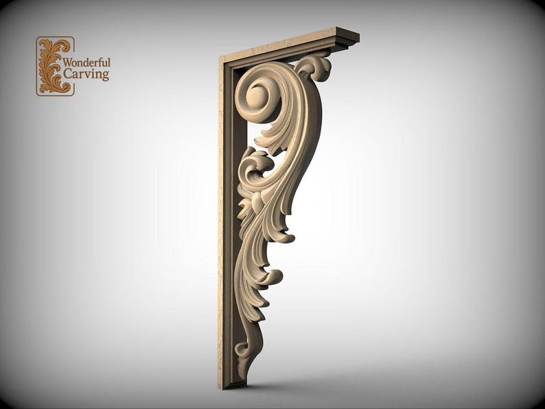 A decorative wooden bracket with an ornate, swirling design on its side, likely used for supporting or framing artwork or architectural elements.