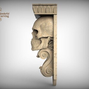 A carved wooden shelf with a carved skull design on it.