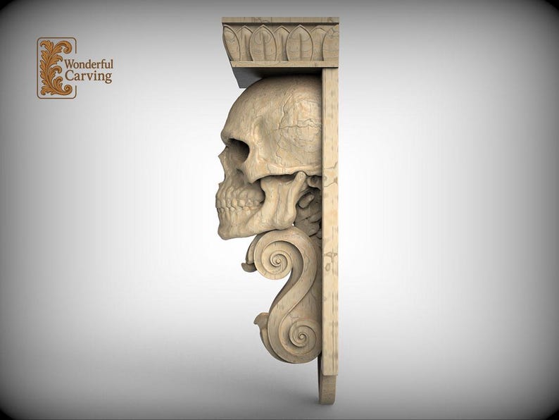 A carved wooden shelf with a carved skull design on it.