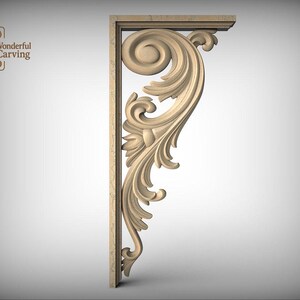 A decorative wooden bracket with an ornate, swirling design on it, which appears to be a carved piece of wood.