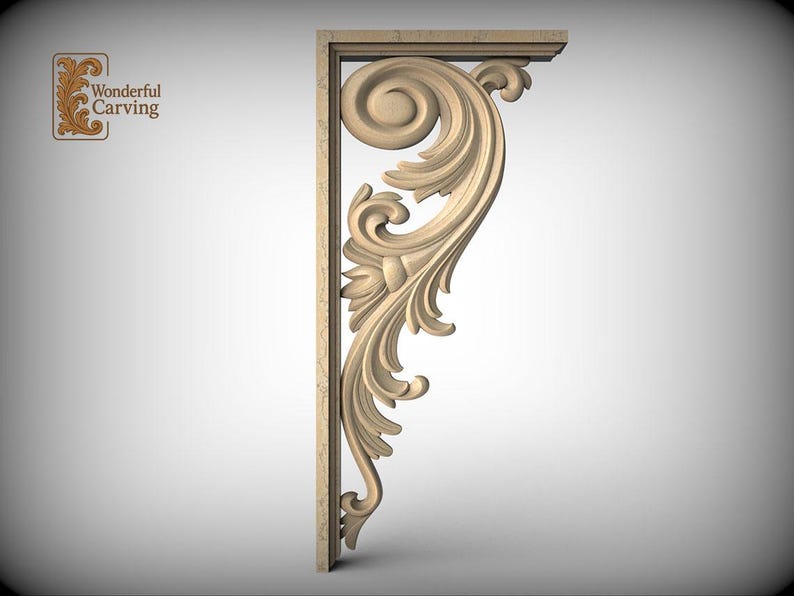 A decorative wooden bracket with an ornate, swirling design on it, which appears to be a carved piece of wood.