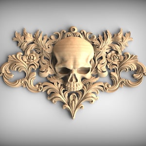 Baroque Reaper's Crest , 1pc, Horizontal wooden floral center onlay with skull, horizontal decor, carved decoration of wood, wooden onlay