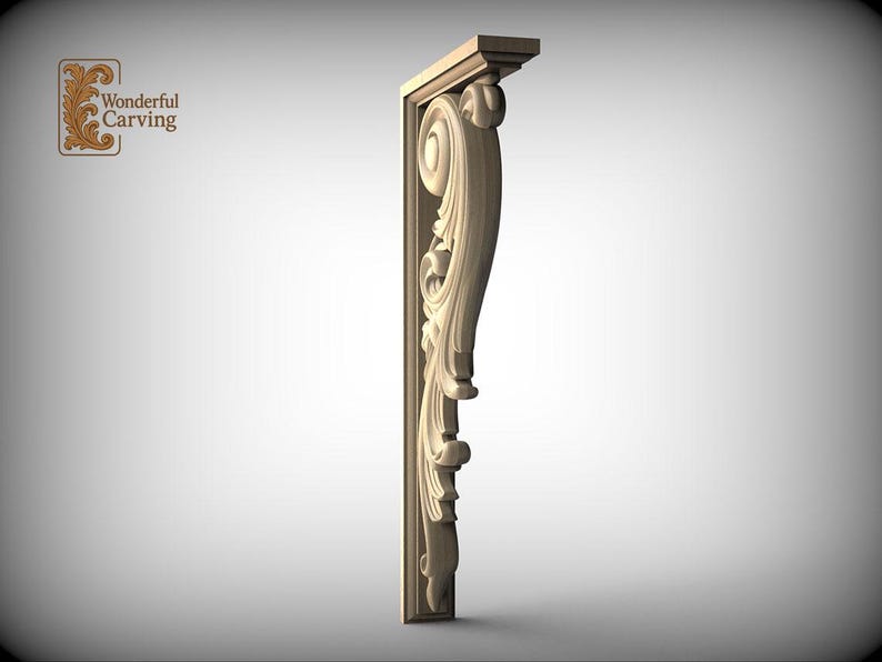 A decorative wooden bracket with an ornate, carved design on its side, standing alone against a plain background.