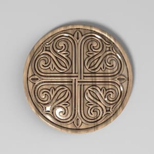 Wood Carved Circle Medallion – Symmetrical Foliage Accents, Home Wall Embellishments, Wood onlays