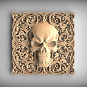 Gothic Skull Wood Onlay – Unpainted Baroque Skull Carving for Home Wall Embellishments and Decor, Home Wall Embellishments, Wood onlays