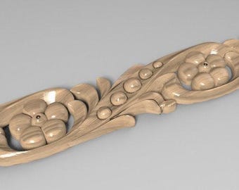May include: A light brown wooden molding strip featuring a continuous carved relief pattern. The design consists of repeating five-petaled flowers interspersed with curved leaf-like scrolls and a line of small, raised circular beads.