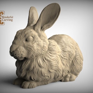 A wooden sculpture of a rabbit, with intricate details and a textured appearance.