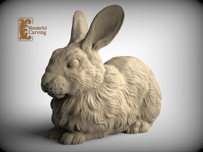A wooden sculpture of a rabbit, with intricate details and a textured appearance.