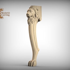 Könnte beinhalten: Ein geschnitztes Holzmöbelbein mit einem Löwenkopf und einer Pfote. Das Bein ist hellbraun und weist detaillierte Schnitzereien auf. Der Text "Wonderful Carving" befindet sich in der oberen linken Ecke. Höhe ca. 76 cm.