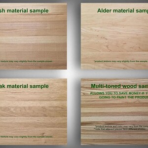 four different samples of wood, each with a distinct texture and color, and provides information about the materials used.