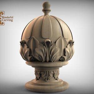 Acanthus Dome Newel Post Finial – Wooden Crown Topper with Ball Knob