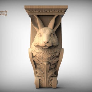 Könnte beinhalten: Ein geschnitztes Holzgesims mit einem detaillierten Kaninchenkopf mit langen Ohren und einer flauschigen Brust. Das Gesims hat eine rechteckige Oberseite und dekorative Blattakzente. Der Text "Wonderful Carving" ist sichtbar.