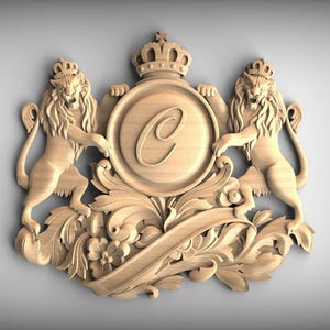Escudo de armas de madera tallado a medida con leones y monograma con la letra C, escudo de armas familiar personalizado, adornos de pared para el hogar, incrustaciones de madera
