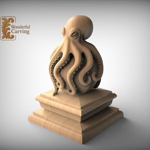 May include: A wooden sculpture of an octopus atop a tiered pedestal. The octopus has detailed tentacles and a rounded head. The sculpture is light brown and appears to be carved from a single piece of wood. The logo "Wonderful Carving" is in the upper left corner.