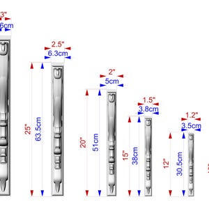 a series of metal objects, each with its own size and measurement indicated in centimeters. The objects are arranged in a descending order, from largest to smallest, and are labeled with their respective measurements.