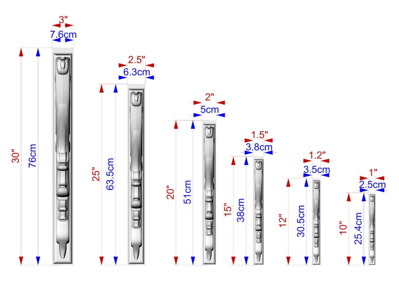 a series of metal objects, each with its own size and measurement indicated in centimeters. The objects are arranged in a descending order, from largest to smallest, and are labeled with their respective measurements.