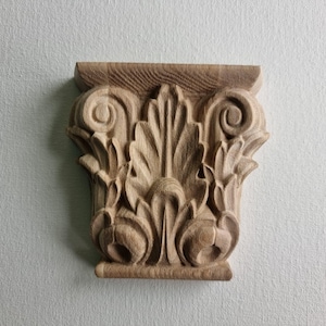 Handcrafted Wooden Capital - Classic Acanthus and Scroll, Design Home Wall, Embellishments, Wood onlays