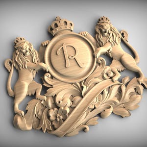 Placa de madera con escudo de armas, leones coronados y monograma con la letra R. Escudo de armas familiar personalizado. Adornos de pared para el hogar. Incrustaciones de madera.