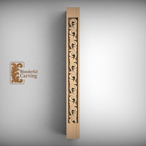May include: A vertical light brown wooden molding strip featuring a continuous carved relief of scrolling acanthus leaves. To the left, a square logo displays a brown acanthus leaf graphic and the text Wonderful Carving in brown lettering.