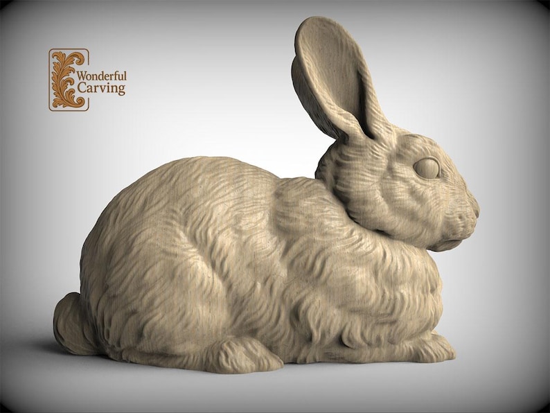 A wooden carving of a rabbit sitting on its hind legs.