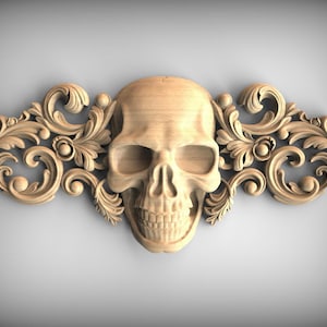 Gothic Skull Wooden Onlay: Floral Carved Wall or Furniture Decor