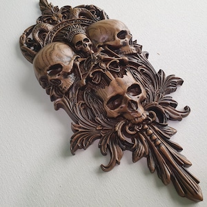Wooden Skull Carving – Voodoo and Santa Muerte Altar Sculpture, Home Wall Embellishments, Wood onlays