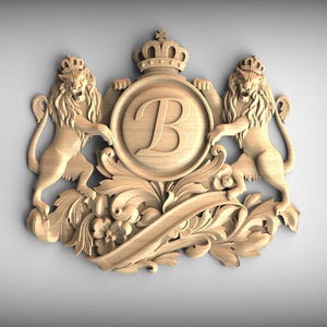 Placa de madera con escudo de armas, leones coronados y monograma con la letra B. Escudo de armas familiar personalizado. Adornos de pared para el hogar. Incrustaciones de madera.