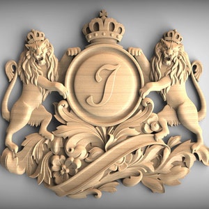 Custom Carved Wooden Coat of Arms with Lions and Monogram letter I, Personalized family coat of arms, Home Wall Embellishments, Wood onlays
