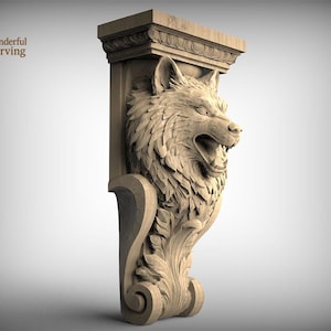 Op de afbeelding: Een gebeeldhouwde houten kraagsteen met een wolfskop met open mond, gedetailleerde vacht en decoratieve krullen. De kraagsteen heeft een rechthoekige bovenkant en is voorzien van het opschrift "Wonderful Carving".