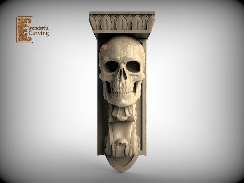 A carved wooden sculpture of a skull mounted on a wall, with a decorative design above it.
