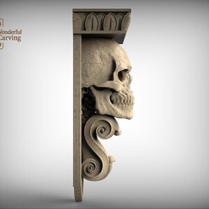 A 3D rendering of a carved wooden shelf or bracket with a human skull carved into it.