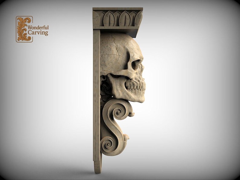 A 3D rendering of a carved wooden shelf or bracket with a human skull carved into it.