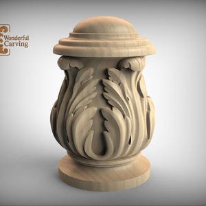 Puede incluir: Elemento arquitectónico decorativo de madera tallada con intrincados diseños de hojas. Tiene una base circular y una parte superior en forma de cúpula. El texto "Wonderful Carving" es visible. Hecho de madera clara.
