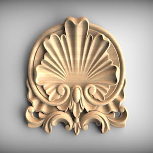 Carved Scallop Shell and Scroll Wood Applique – Decorative Wooden Onlay for Home or Furniture Decor, Home Wall Embellishments, Wood onlays