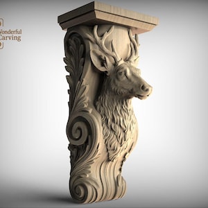 May include: A carved wooden corbel featuring a deer head with antlers, intricate leaf and scroll details, and a rectangular top. The corbel is light brown and has the text "Wonderful Carving".