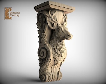 Carved Deer Wood Bracket - Ornate Acanthus Leaf Design