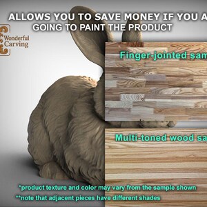 The image is an advertisement for a product, specifically a wood sample. It features a close-up of a wooden sample with a rabbit's head, along with text providing information about the product.