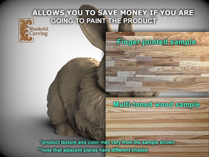 The image is an advertisement for a product, specifically a wood sample. It features a close-up of a wooden sample with a rabbit's head, along with text providing information about the product.