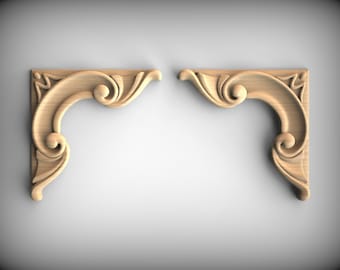 Intarsi angolari in legno vittoriano: design a volute, set da 2