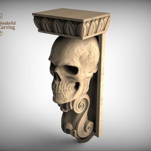 A carved wooden sculpture of a skull mounted on a decorative wooden structure, with the text "Wonderful Carving" and "LOWEST THAN 500 CHARACTERS" visible.