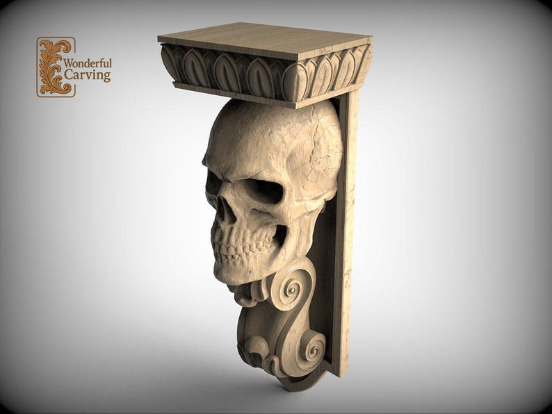 A carved wooden sculpture of a skull mounted on a decorative wooden structure, with the text "Wonderful Carving" and "LOWEST THAN 500 CHARACTERS" visible.