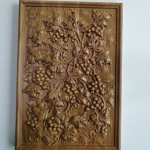 Intricately Carved Grape Vine Wood Panel – Natural Wood Wall Art for Kitchen or Wine Cellar, Home Wall Embellishments, Wood onlays