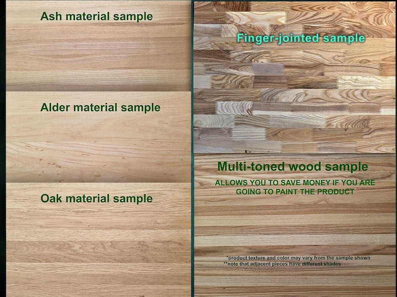 The image is a comparison of different types of wood samples, including an ash material sample, a finger-jointed sample, and a multi-toned wood sample.
