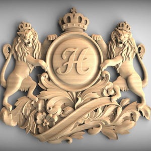 Placa de brasão de madeira com leões coroados e monograma com a letra H, brasão de família personalizado, enfeites de parede para casa, sobreposições de madeira