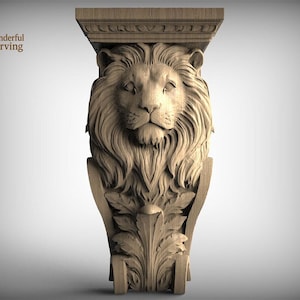 May include: A carved wooden lion head sculpture with detailed mane and facial features. The sculpture includes a decorative top and a base with leaf carvings. The text "Wonderful Carving" is in the upper left corner.