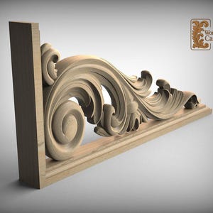 A 3D rendering of a decorative wooden carving, featuring intricate swirls and curves, mounted on a wooden frame.